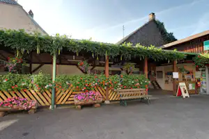 Blumenbeete und Holzpergola am Campingplatz, mit Bank, Schildern und gepflastertem Weg vor dem Gebäude.