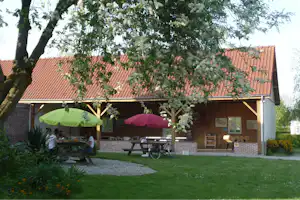 Terrasse am Campingplatz unter einem Baum mit grünen und pinken Sonnenschirmen, Gartenbank, Grill und Fahrrädern.