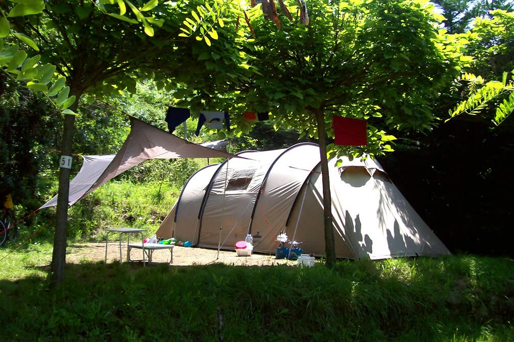 Zelte auf einem Campingplatz im Grünen unter Bäumen, mit Tisch und Campingausrüstung am Stellplatz.