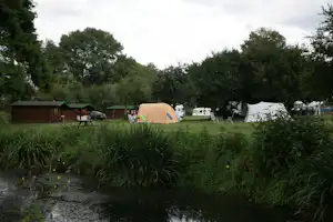 Zeltplatz am See mit mehreren Zelten und Wohnwagen, umgeben von Bäumen und hohem Gras am Ufer.