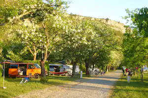 Camping La Turelure - Allee auf dem Campingplatz mit Stellplätzen an den Seiten