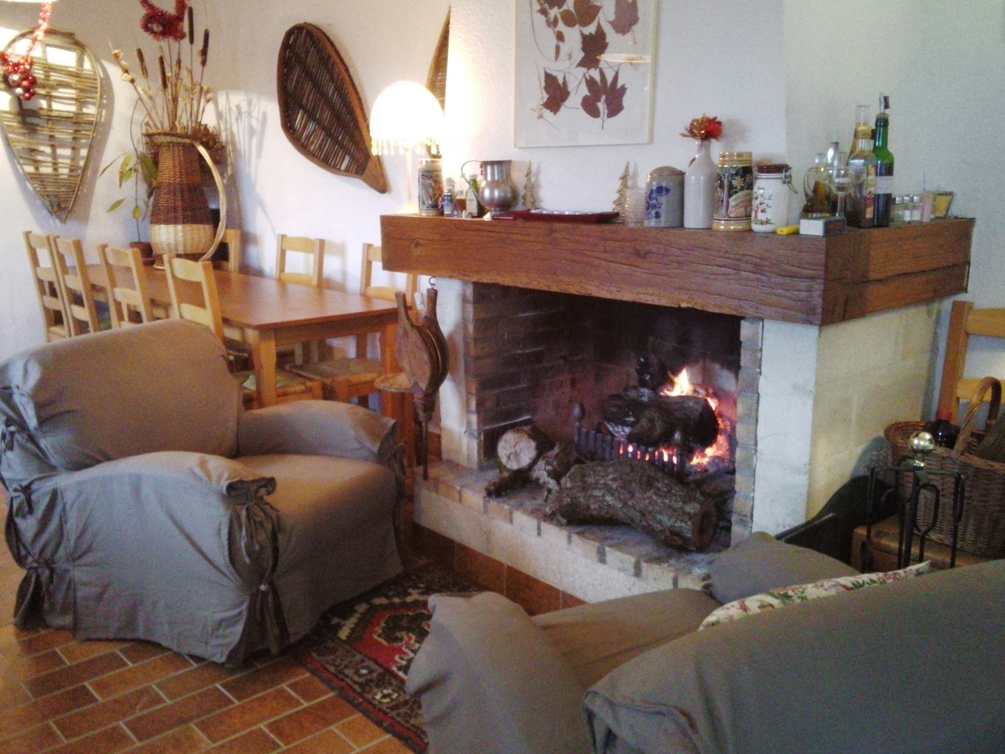 Wohnzimmer mit Kamin, Sofa und Sesseln, Holztisch und Deko auf dem Kaminbrett, Teppich und Zierpflanzen im Hintergrund.