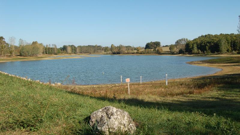 Blauer See mit grünem Ufer und Grasfläche, im Hintergrund Bäume und ein kleiner Strandbereich am Wasser.