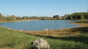 Blauer See mit grünem Ufer und Grasfläche, im Hintergrund Bäume und ein kleiner Strandbereich am Wasser.
