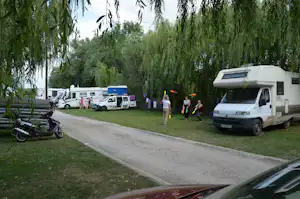 Wohnmobile und Transporter auf dem Campingplatz, Kiesweg und Rasen zwischen hohen Weidenbäumen.