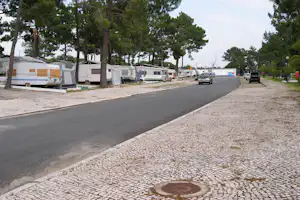 Campingplatz-Straße mit Stellplätzen, Wohnwagen und Wohnmobilen, Bäumen und Kiesweg am Rand.
