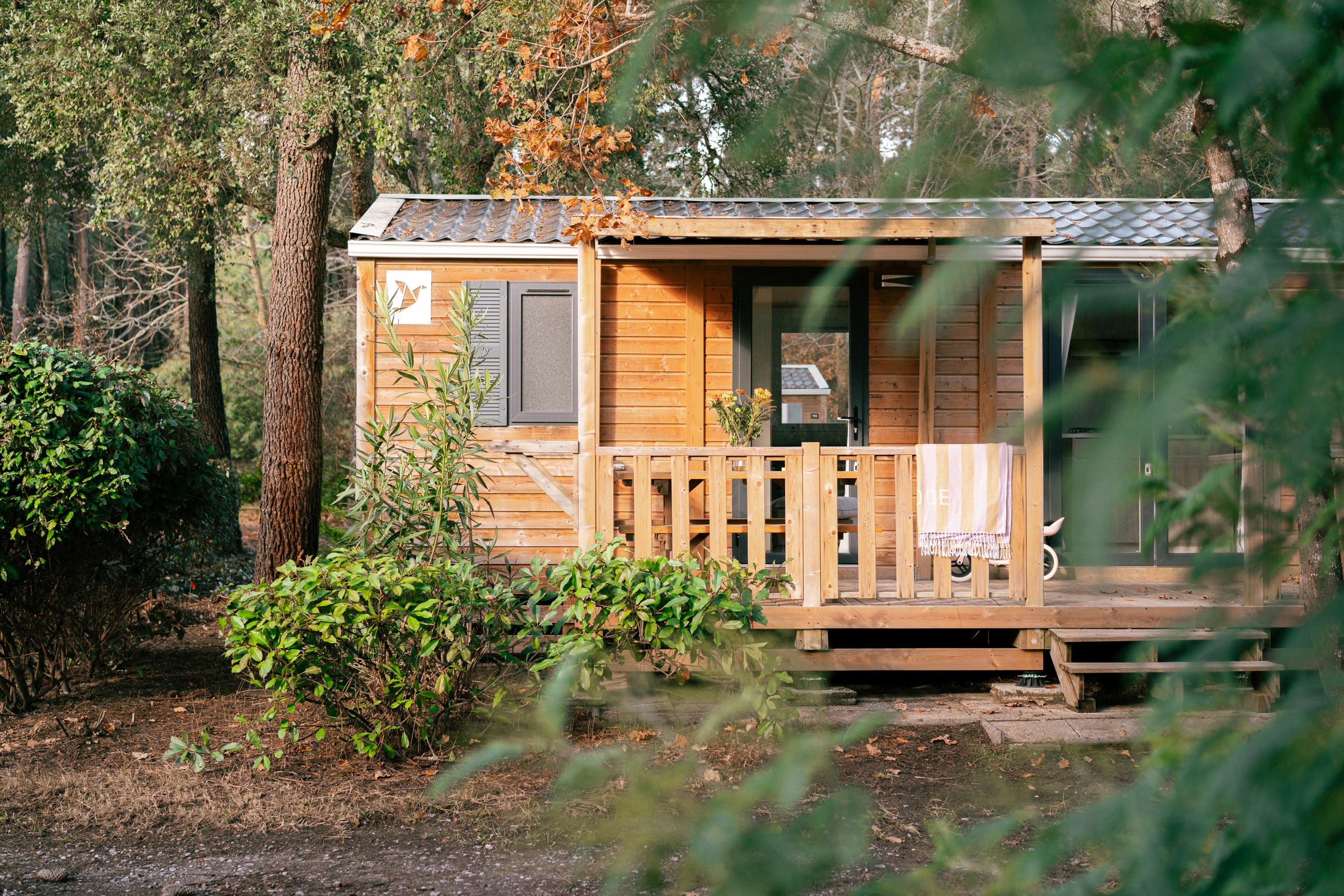 Holzunterkunft mit Terrasse im Wald, mit Markise, Fenster und Sitzbereich auf dem Holzdeck.