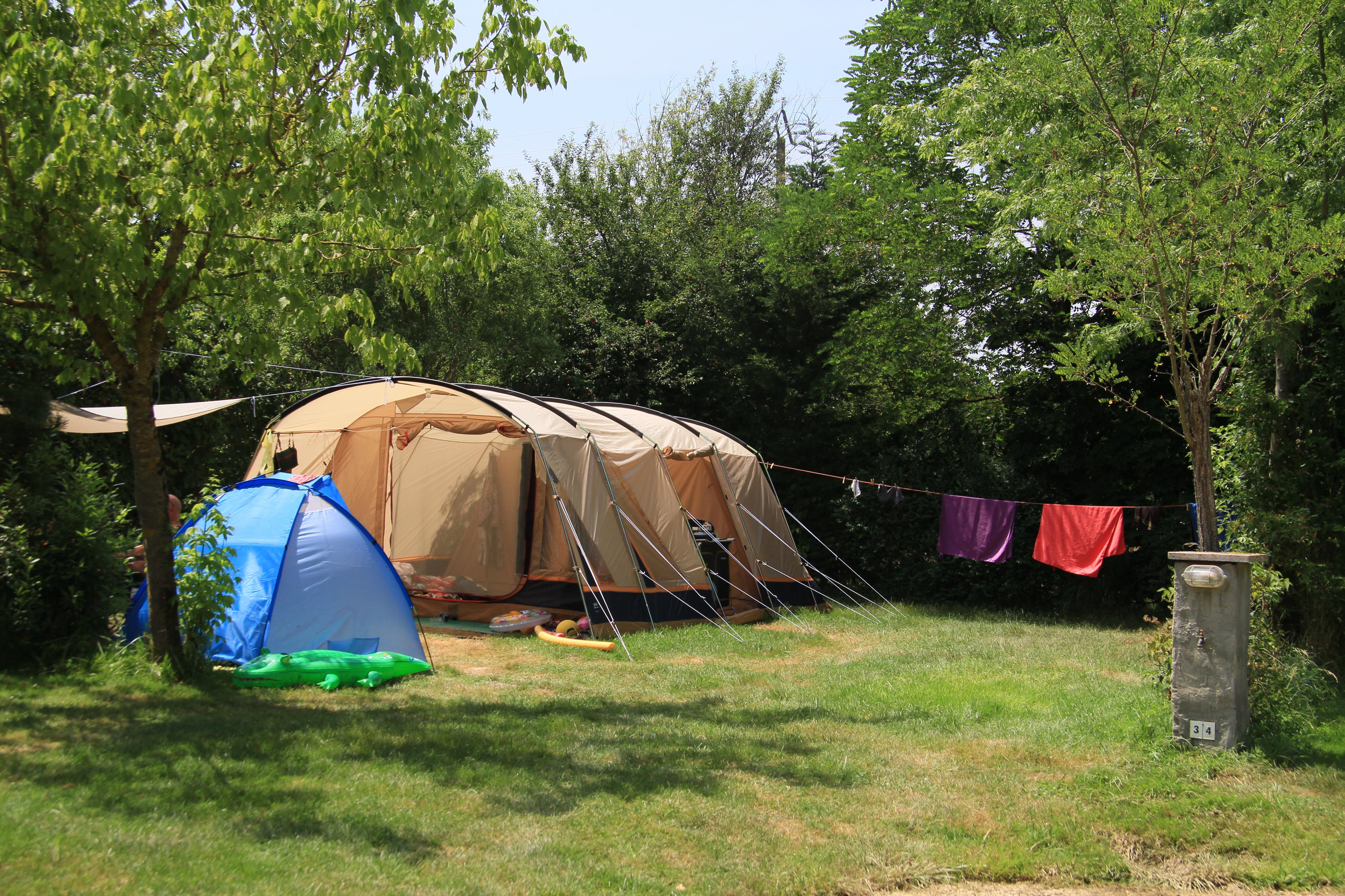 Zelte auf einem Campingplatz auf grünem Rasen, umgeben von Bäumen und einem Stromkasten am Wegesrand.