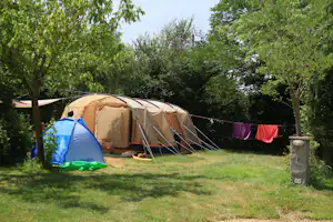 Zelte auf einem Campingplatz auf grünem Rasen, umgeben von Bäumen und einem Stromkasten am Wegesrand.