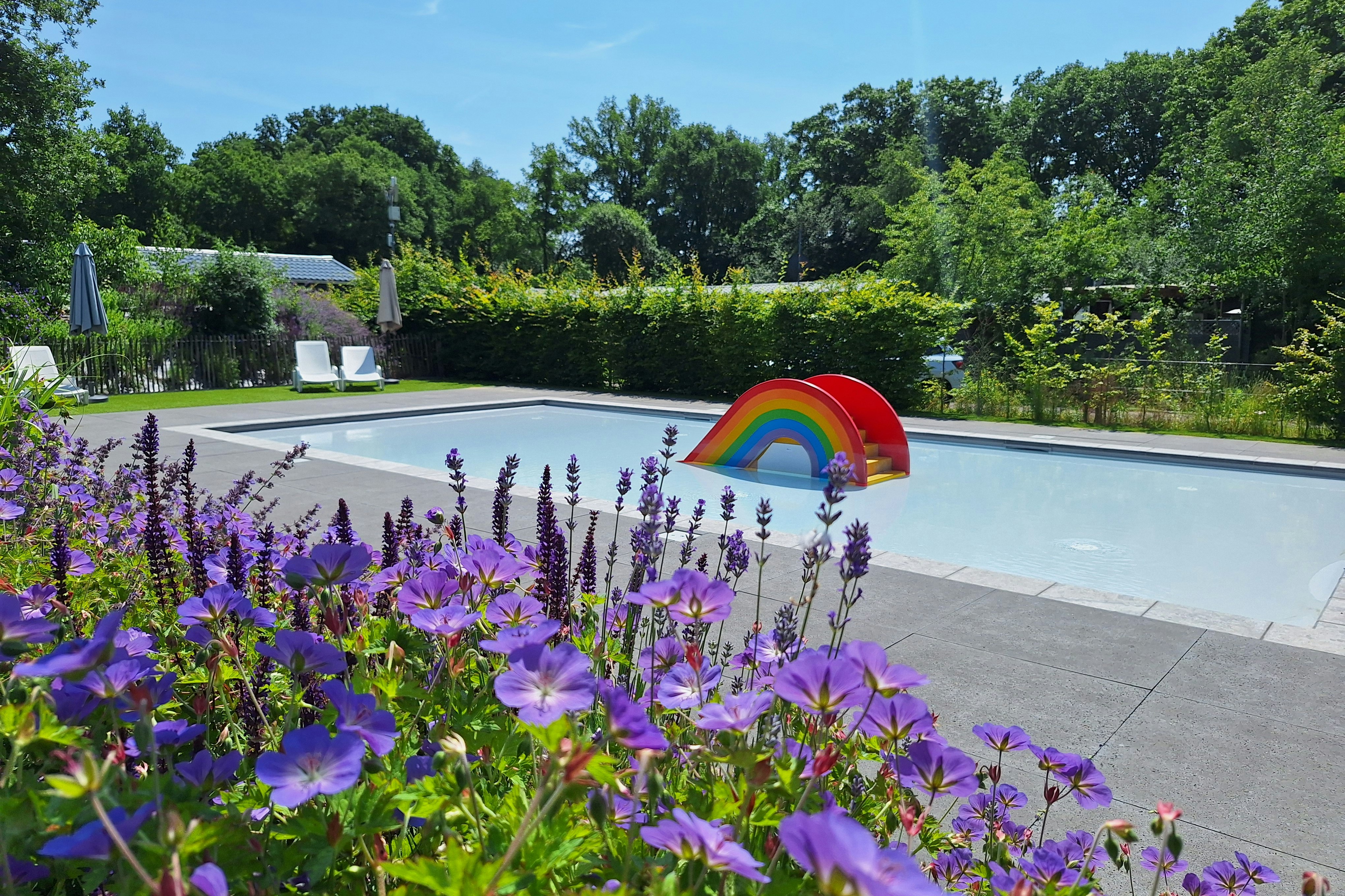 Schwimmbecken mit Liegestühlen und Regenbogen-Spielbogen, im Vordergrund lila Blüten und gepflegte Gartenanlage mit Bäumen im Hintergrund.