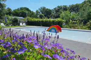Schwimmbecken mit Liegestühlen und Regenbogen-Spielbogen, im Vordergrund lila Blüten und gepflegte Gartenanlage mit Bäumen im Hintergrund.