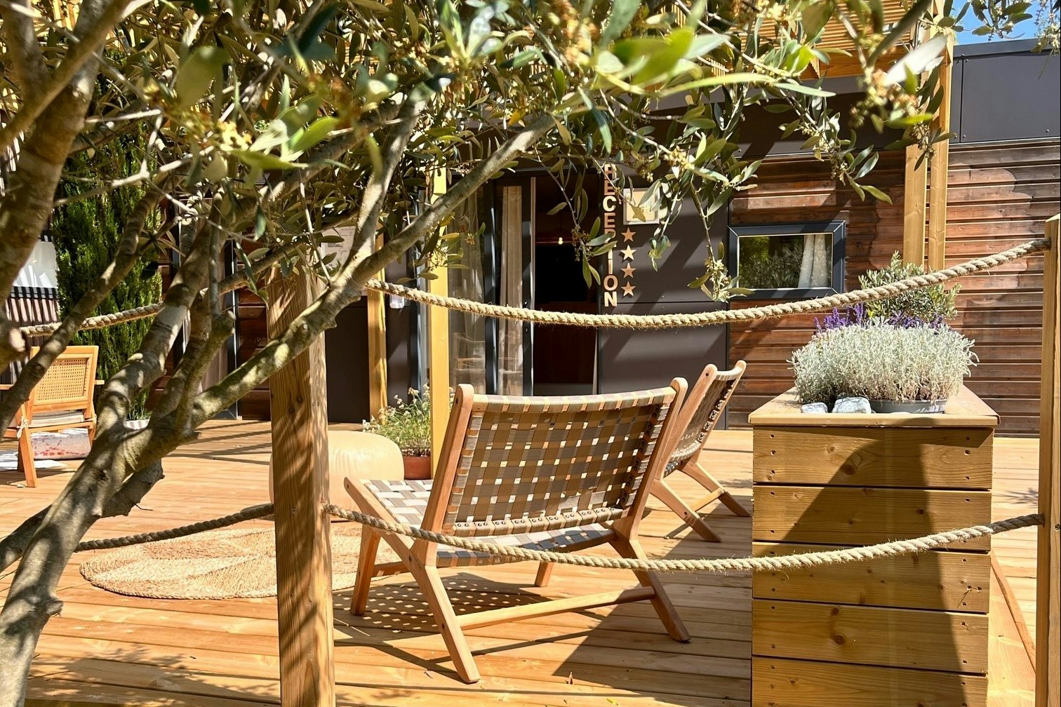Holzterrasse mit zwei Gartenstühlen und Holzkiste mit Pflanzen, im Hintergrund ein Olivenbaum und ein Gebäude.