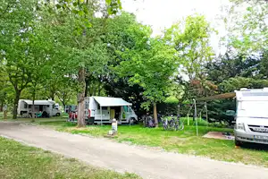 Wohnmobile und ein Zelt auf einem Campingplatz zwischen Bäumen, mit Fahrrädern und einem kleinen Holzpodest.
