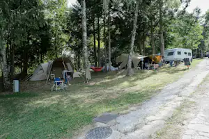 Camping l'Aventure - Standplätze unter Bäumen auf dem Campingplatz