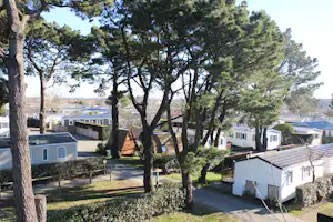 Reihe von Wohnwagen und Mobilheimen auf einem Campingplatz zwischen Bäumen, mit Wegen und Hecken im Hintergrund.