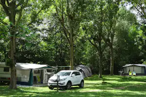 Campingplatz mit Auto, Zelt und Wohnwagen unter hohen Bäumen auf einer grünen Wiese.