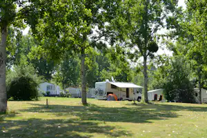 Wohnmobil auf einem Campingplatz im Grünen unter hohen Bäumen, mit Vorzelt und Sitzgelegenheiten am Stellplatz.