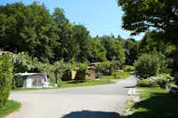 Camping Le Crêtoux  -  Wohnmobilstellplatz und Mobilheime vom Campingplatz zwischen Bäumen