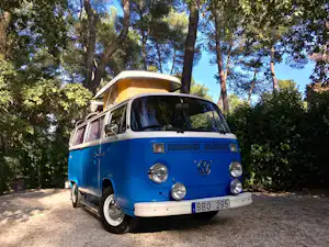 Blauer VW-Bus mit geöffnetem Dach auf einem Kiesweg im Grünen, umgeben von hohen Bäumen.