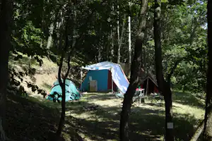 Zelte auf einem Campingplatz im Wald, mit Campingstühlen und Tisch zwischen Bäumen und einem schattigen Zeltbereich.