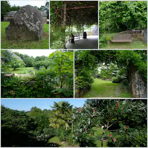 Campinggarten mit viel Grün, Bäumen und Wegen; im Hintergrund ein großer Felsbrocken und Sitzgelegenheiten im Schatten.