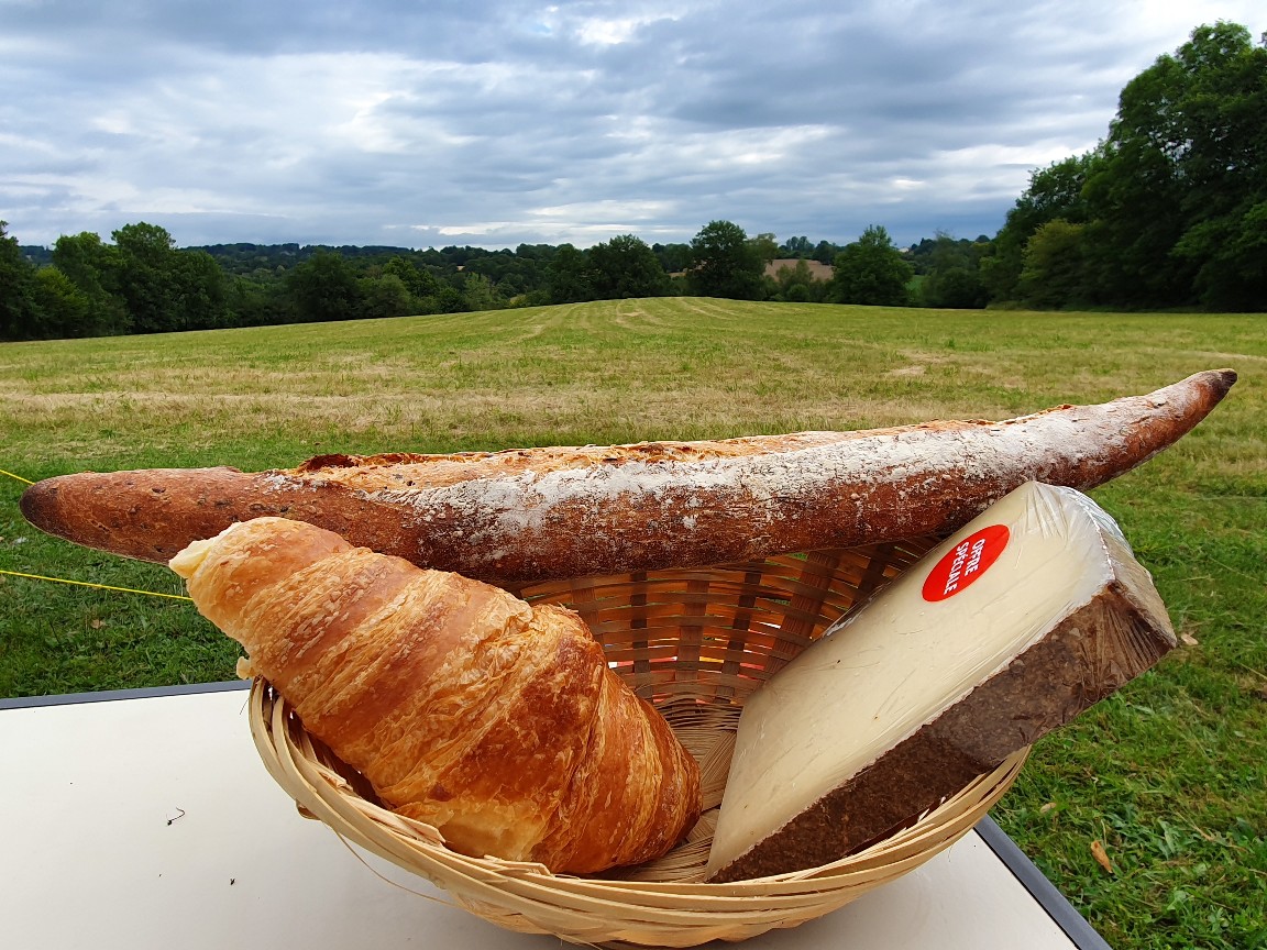Frühstückskorb mit Croissant und Brot auf einem Tisch, im Hintergrund grünes Feld und Bäume.
