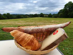 Frühstückskorb mit Croissant und Brot auf einem Tisch, im Hintergrund grünes Feld und Bäume.