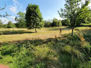 Weite Campingwiese mit Bäumen und Gras, ein schmaler Weg führt durch die Natur, im Hintergrund weitere Grünflächen.