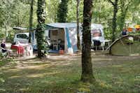 Camping Au Bois Dormant - Zeltplatz im Schatten der Bäume auf dem Campingplatz