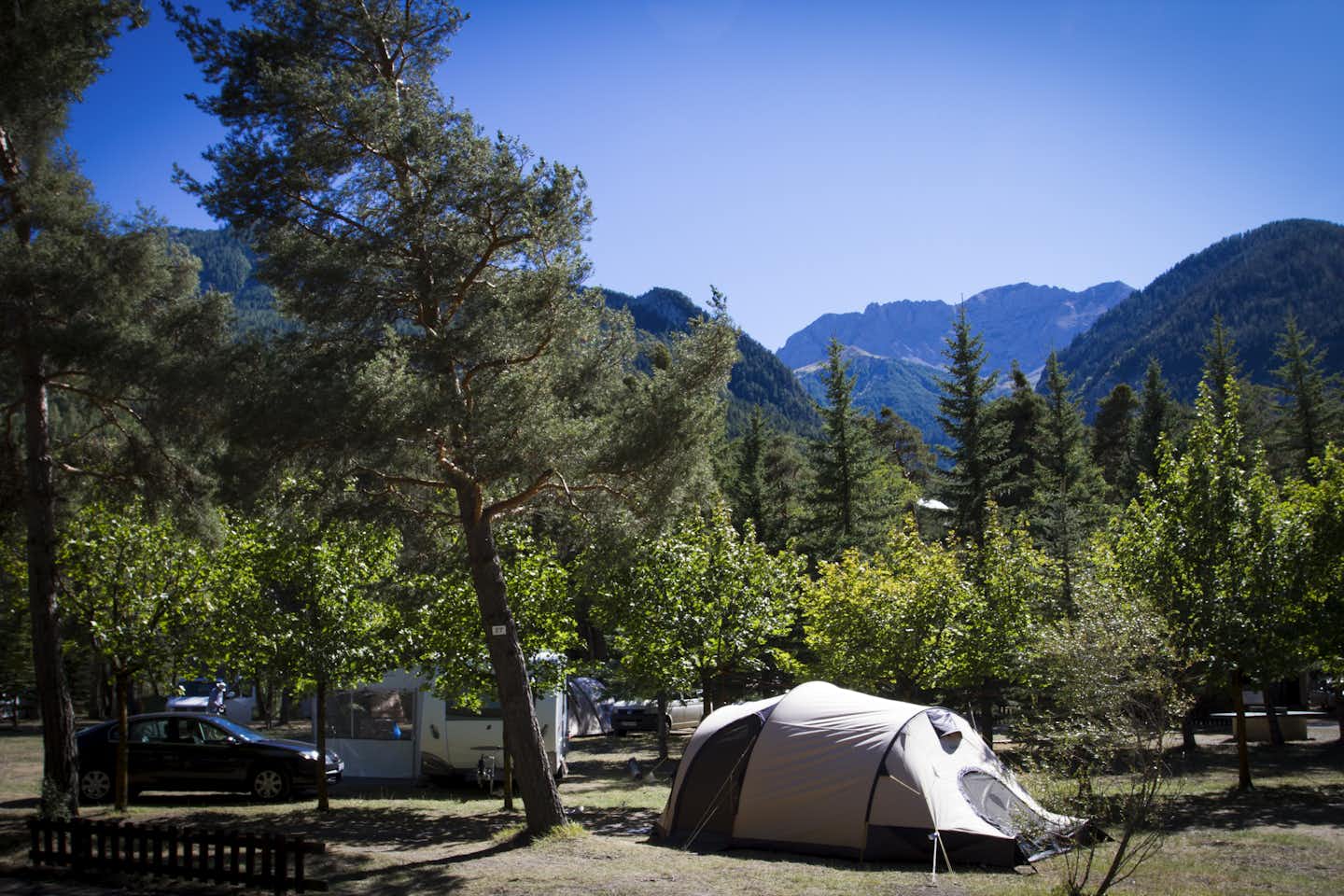 Camping Le Fontarache  -  Wohnwagen- und Zeltstellplatz zwischen Bäumen auf dem Campingplatz