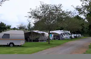 Wohnwagen und Campingbusse auf einem grünen Campingplatz, mit Vorzelten, Tischen und Stühlen unter Bäumen.