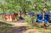 Camping Le Lavandin - Mobilheime umgeben von Bäumen auf dem Campingplatz