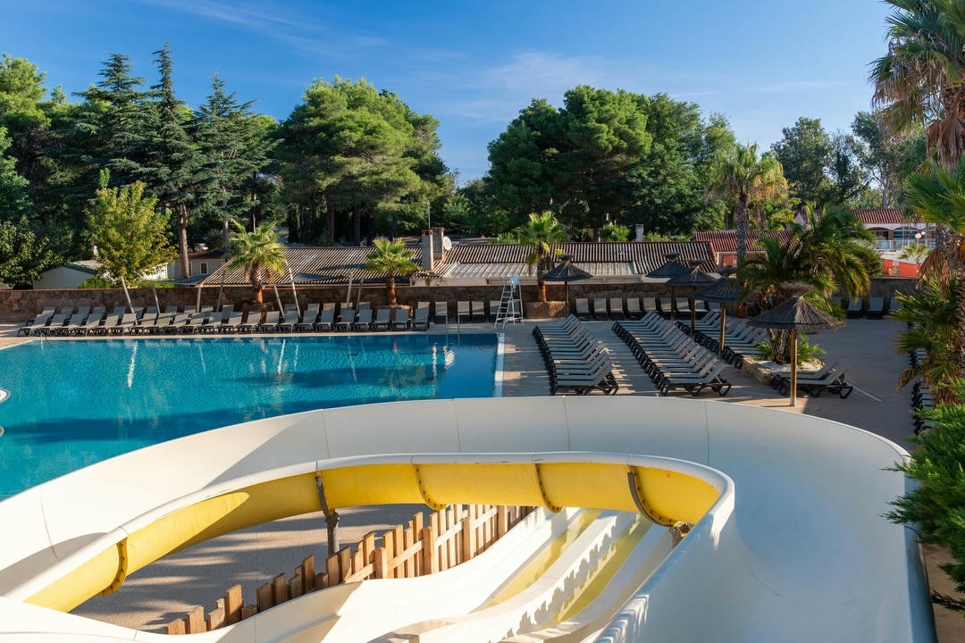 Großer Camping-Pool mit Liegen am Beckenrand, Palmen und Bäume im Hintergrund, Sonnenschirme und Wege im Garten.