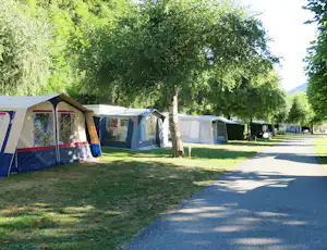 Zelte und Wohnwagen auf einem Campingplatz entlang eines Weges, mit Rasenfläche und großen Bäumen im Hintergrund.