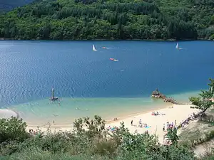 Blick auf einen See mit Sandstrand, Badegästen und Segelbooten, umgeben von dichtem Wald und Uferpromenade.
