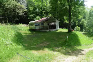 Grünes Mobilheim auf einem Campingplatz mit Terrasse, umgeben von Bäumen und Rasenfläche.