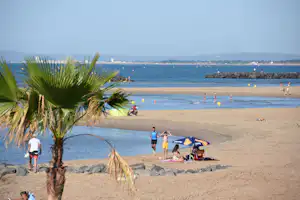 Sandstrand am Meer mit Palmen im Vordergrund, Badegästen und gelben Bojen vor einer Steinschutzmauer.