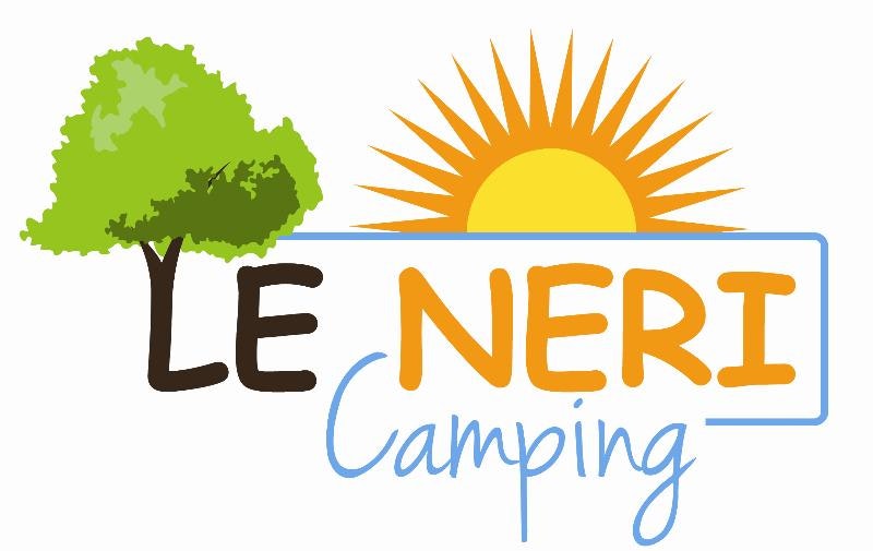 Le Neri Camping Logo mit Sonne, Baum und Schriftzug auf weißem Hintergrund.