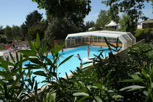 Beheiztes Poolbecken mit Überdachung, umgeben von Palmen und Gartenpflanzen, im Hintergrund ein Campinggebäude.
