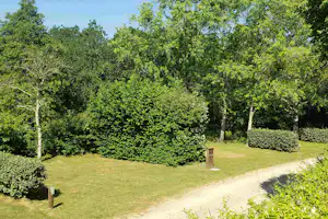 Grüner Campingplatz mit Rasen, Hecken und Bäumen, daneben ein gepflasterter Weg und ein Holzschild.