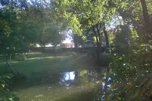 Blick auf einen Campingplatz mit Bäumen, Rasenfläche und mehreren Gebäuden im Hintergrund.