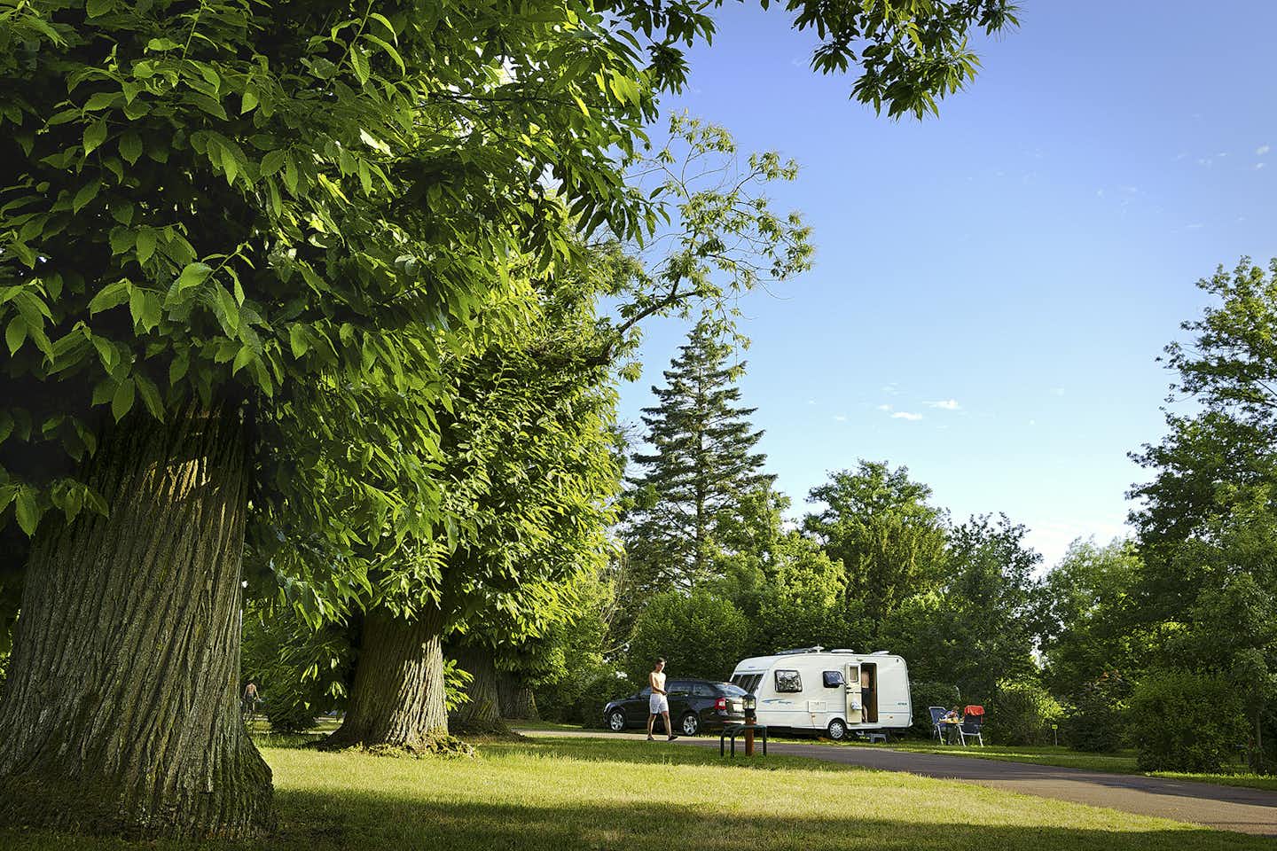 Camping Le Pont Romain  -  Wohnwagen auf dem Stellplatz vom Campingplatz zwischen Bäumen