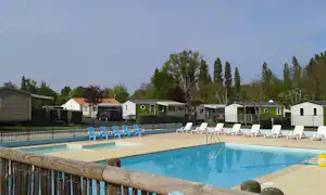 Schwimmbecken mit Liegestühlen am Campingplatz, dahinter Reihen von Mobilheimen und Bäumen vor blauem Himmel.