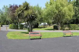 Roter Camping-Bankplatz auf Asphaltweg, daneben Rasen und Büsche, im Hintergrund Palmen und Bäume.