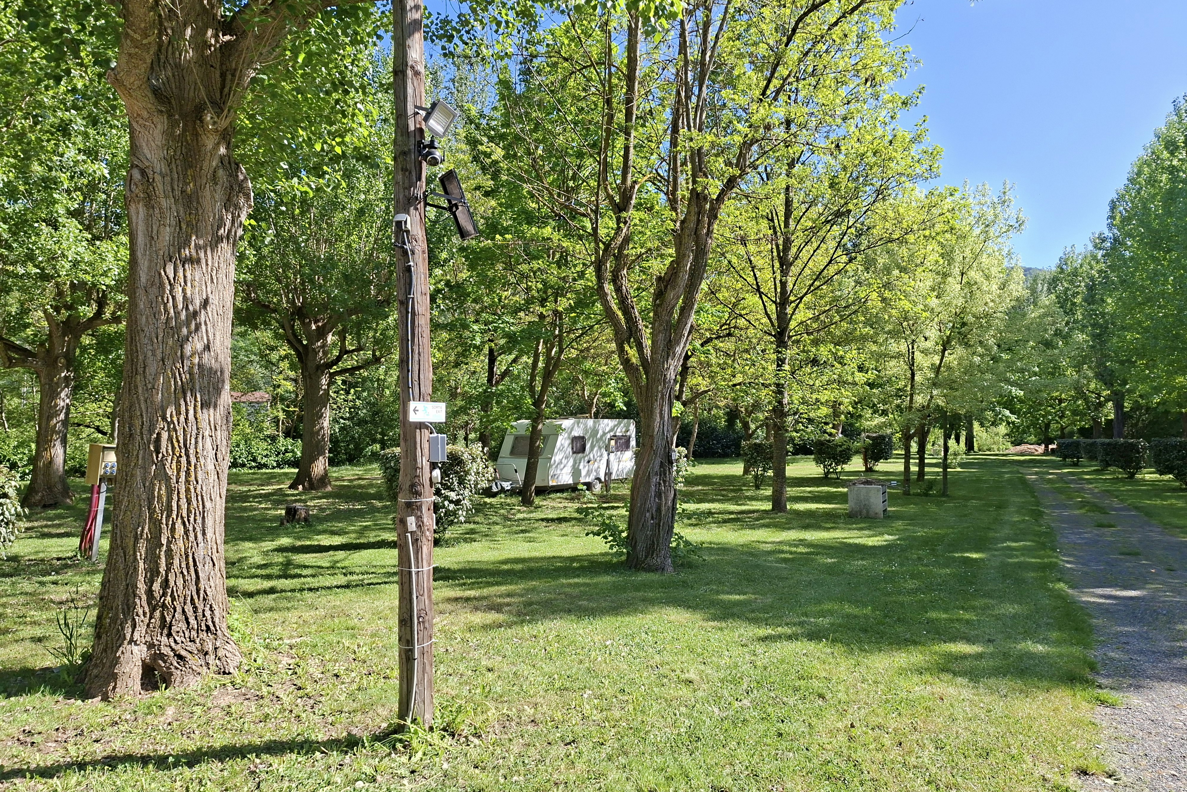Campingplatz mit Baumreihe, Rasen und Wohnwagen-Stellplätzen; Stromsäulen am Wegesrand und ein Wohnmobil im Hintergrund.