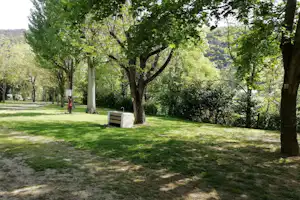 Grüner Campingplatz mit Rasenfläche, großen Bäumen und einem kleinen Holzschrank am Wegesrand.