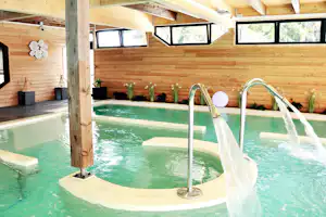 Innenpool mit Wasserdusche, Holzverkleidung und großen Fenstern im Wellnessbereich eines Campinghauses.