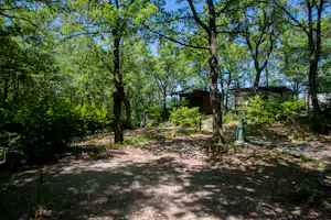 Camping Le Querce - Stellplätze unter Bäumen mit einem Wohnwagen im Hintergrund