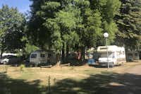 Camping Le Rochat-Belle Isle -  Wohnwagen- und Zeltstellplatz unter Bäumen auf dem Campingplatz