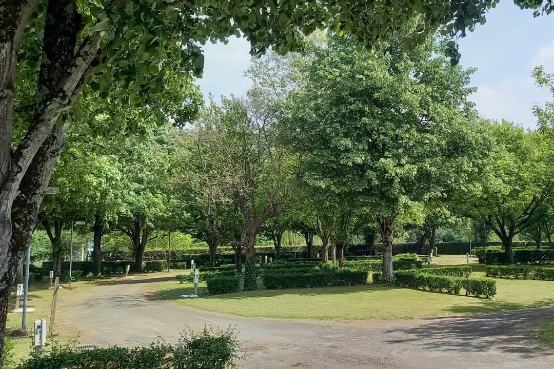 Camping Le Rouergue - Blick auf die parzellierten, durch Hecken getrennten Standplätze im Halbschatten unter Bäumen